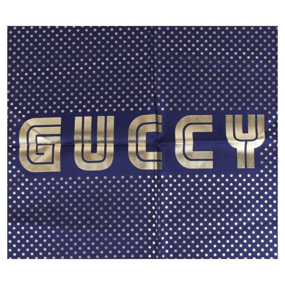 Gucci Blue Silk Metallic Gold Star "GUCCY" Scarf
